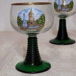 Vintage Volksmarch Wine Glass Mannheim, Gold Band on Rim w/Green Stem Wine Glass